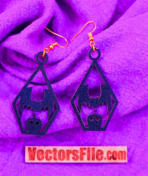 Laser Cut Wooden Earring Bat With Pumpkin Halloween Jewelry Design Dxf