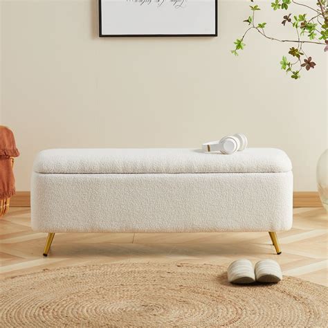 Modern Bedroom Boucle White Bench Upholstered Ottoman With Storage Gold