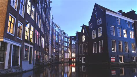 night city, canal, city lights, amsterdam, netherlands, 4k HD Wallpaper