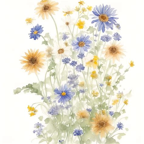 Premium Ai Image Yellow And Blue Wildflowers Watercolor