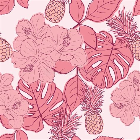 Tropical Hibiscus Palm Leaves Monstera Pineapple Seamless Pattern