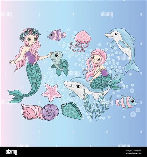 Mermaids Cruise Tropical Underwater Cartoon Travel Vector Illustration Set For Print Stock