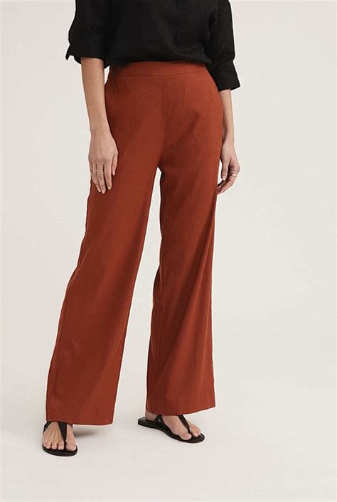 Burnt Red Stretch Linen Blend Straight Leg Pant Women S High Waisted