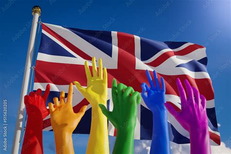 Rainbow Colored Hands From Lgbt Community Over Flag Of United Kingdom English Gay Parade