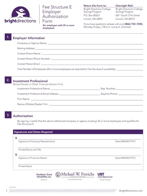 Fillable Online Bright Directions Fee Structure E Employer