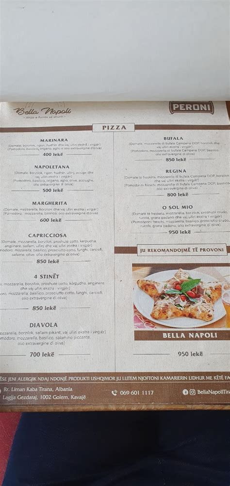 Menu at Bella Napoli restaurant, Tirana, Rr