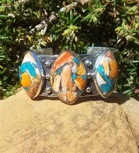 Turquoise With Spiny Oyster Cuff Bracelet Blue Kingman Turquoise Three