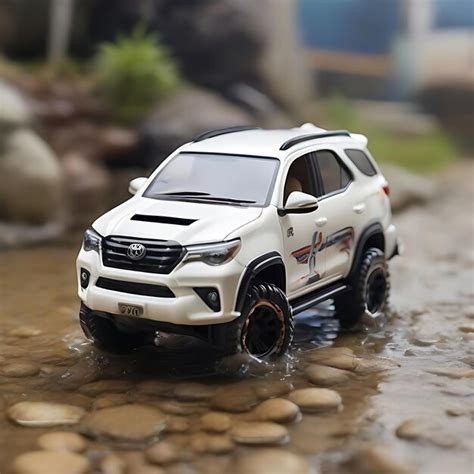 Premium AI Image | One puddle toy dog white color with Toyota Fortuner car blue color AI