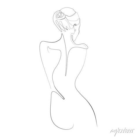 Naked Woman Standing Back One Line Drawing On White Isolated Wall Mural