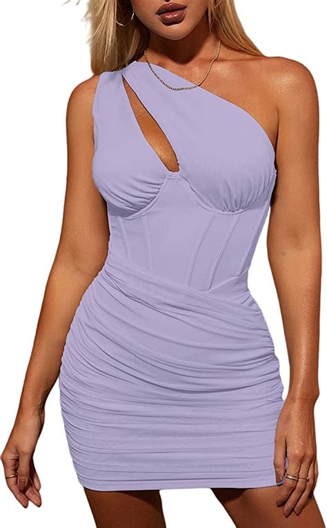 Kutumai Womens Sexy One Shoulder Cutout Bodycon Corset Dress Ruched Mesh Party Club Mini Short