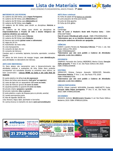 Materiais Escolares Para 7 Ano - Materiais Escolares 7º Ano 2025 | PDF