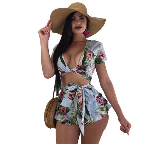 Elegant Sundress Two Piece Set Okayoasis Sexy 2018 Summer Women Print Beach Dresss Bow Casual