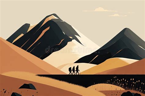 Minimalist Illustration Of People Exploring A Natural Landscape With