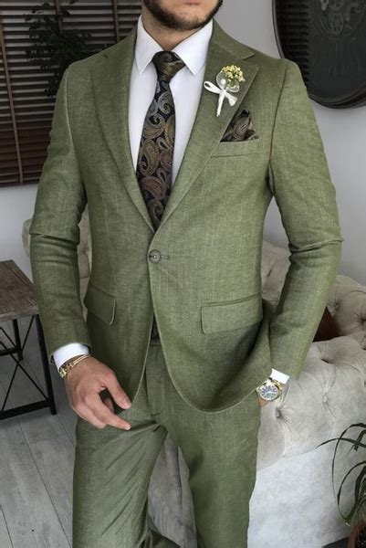 Men Olive Green 3 Piece Suit Linen Wedding Suit Dinner Suits Sainly Sainly