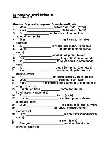 Passé Composé Avec Avoir French Irregular Verbs Worksheet 1 Teaching Resources