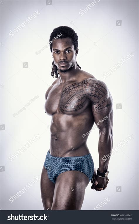 African American Bodybuilder Man Naked Muscular Stock Photo