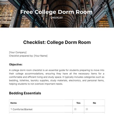 Free College Dorm Room Checklist Template - Edit Online & Download ...