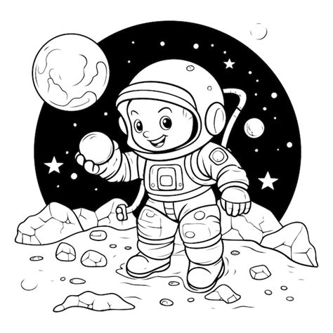 Astronauta en la luna Libro para colorear para niños Vector Premium