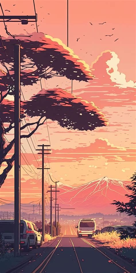 A Car Driving Down A Road Next To Power Lines And Trees At Sunset With