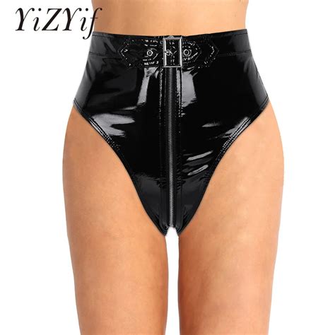 Yizyif Black Sexy Underwear Panties Women Lingerie Wet Look Pvc High