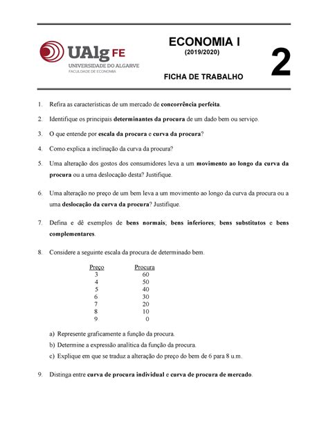 Economia I 2019 2020 Ficha De Trabalho 2 Ualg Studocu