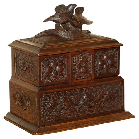 Hand Carved Wooden Antique Black Forest Jewelry Box With Blue Velvet