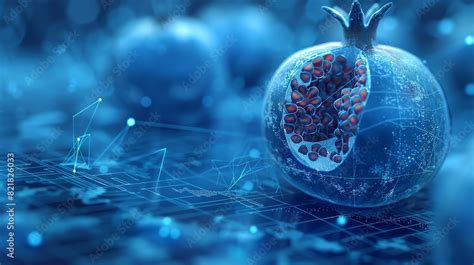 A digital illustration of a pomegranate with abstract blue technology ...