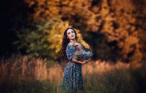 Wallpaper Field Girl Flowers Pose Dress Basket Lavender Denis