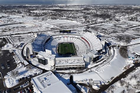 Views from above of Buffalo Bill's snow covered stadium