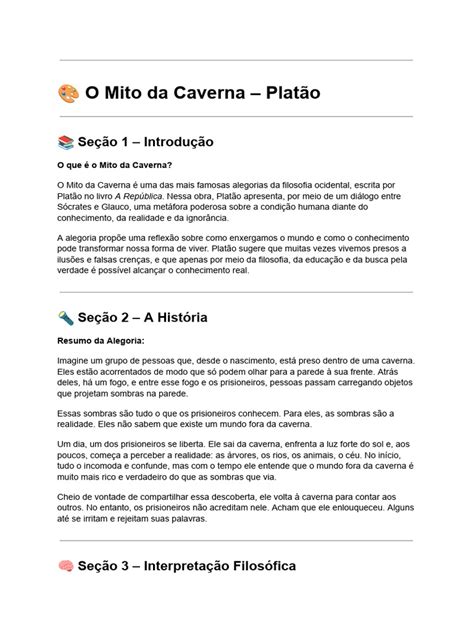 O Mito da Caverna: Reflexões e Atualidade | PDF