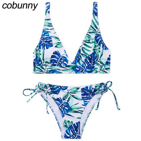 Cobunny Sexy V Neck Bikini Set Leaves Print Swimwear Push Up Padded