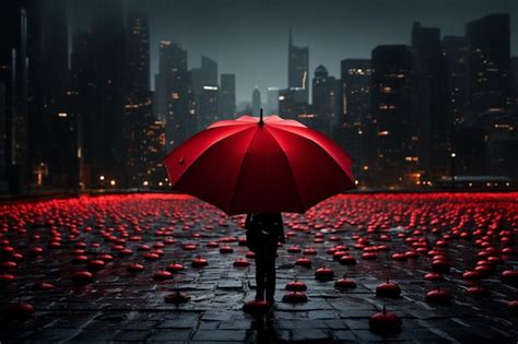 Premium Ai Image Unique Red Umbrella City Backdrop Surrounded By