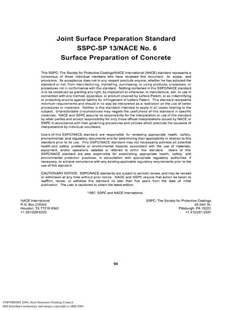 Nace No 6 Sspc Sp 13 Surface Preparation Of Concrete Pdf