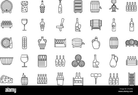 Wine Cellar Icons Set Outline Vector Barrel Keg Cellar Wine Rack