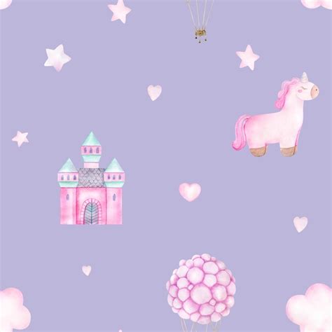 Premium Photo Watercolor Baby Seamless Pattern With Toy Pink Unicorn Hot Air Balloon Clouds
