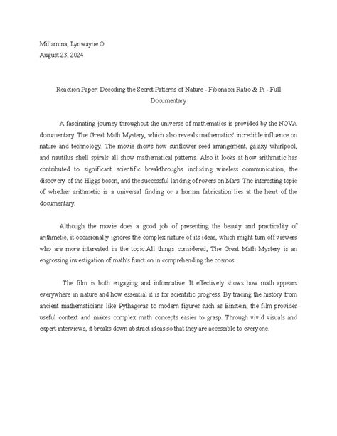 Reaction Paper: Decoding the Secret Patterns of Nature- Fibonacci Ratio