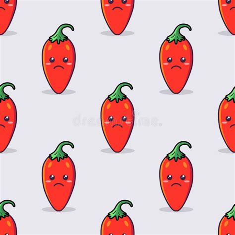 Vector Seamless Pattern With Cartoon Cute And Funny Red Hot Chili Peppers Kawaii Style Stock