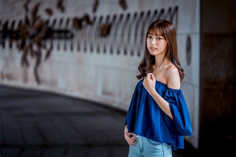 Asian Model Women Long Hair Brunette Depth Of Field Jeans Blue Tops