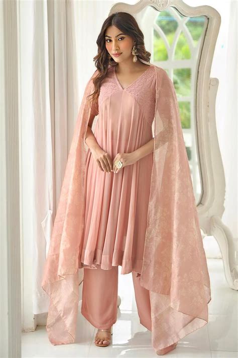 Buy Pink Georgette Embroidered Chikankari V Neck Aiza Anarkali Palazzo