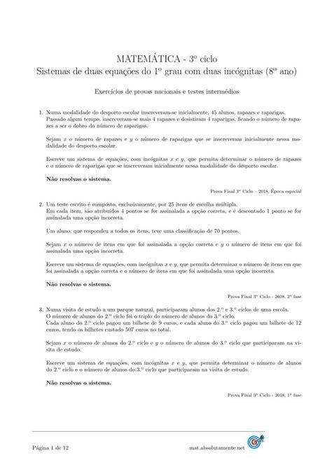 Pdf Matematica O Ciclo Grau Duas Inc Ognitas Ano O