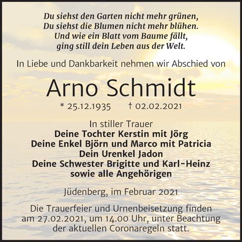 Traueranzeigen Von Arno Schmidt Abschied Nehmen De