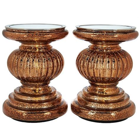 Set Of 2 Lit Candle Holder Pedestals With Mirror Inserts By Valerie