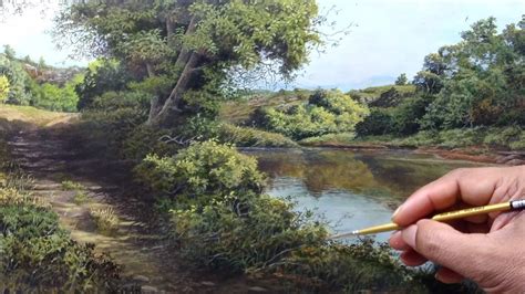 How To Draw A Beautiful Riverbank Near Trees In Acrylics YouTube