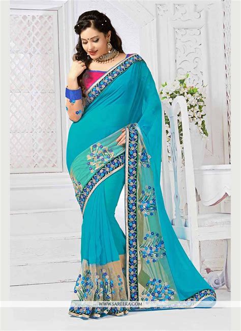 Buy Turquoise Georgette Classic Saree Online 44551