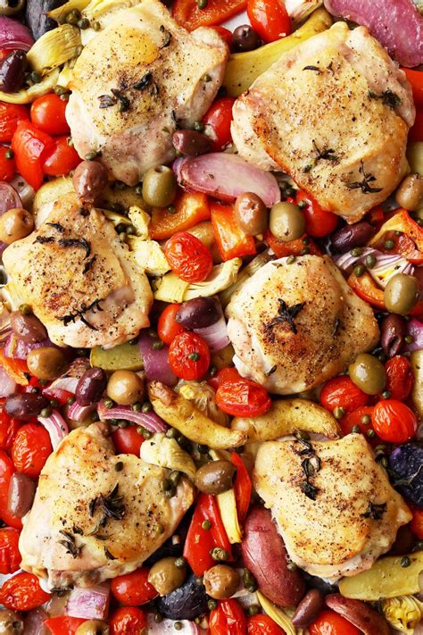 Mediterranean Roasted Chicken Thighs Recipe Sheet Pan Dinners Recipes Roasted Chicken