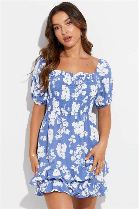 Blue Floral Dress Short Sleeve Skater Floral Print Ally Fashion