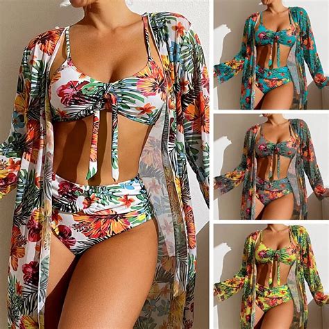 Ensemble Bikini La Mode Avec Couverture Imprim E Manches Longues