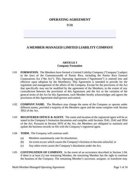 Plantilla De Acuerdo Operativo De Un Solo Miembro Llc Gratis