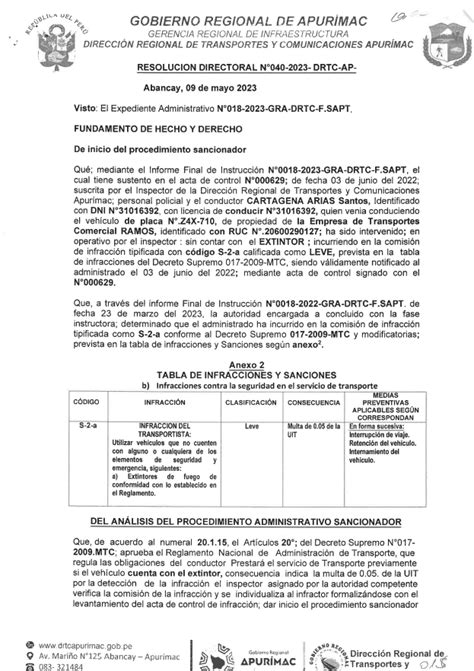 RESOLUCIÓN DIRECTORAL N040 2023 DRTC AP Dirección Regional De