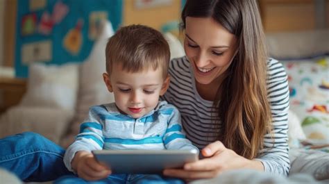 Madre E Hijo Jugando Juntos En Una Tableta Imagen Premium Generada Con IA